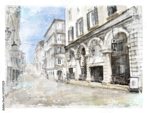  Illustration of city street. Watercolor style.