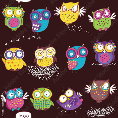  Seamless pattern with color owl in dark background
