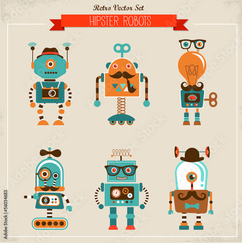  Set of vintage hipster robot icons
