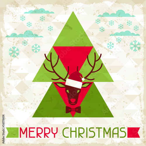 Fototapeta Merry Christmas background with deer in hipster style.