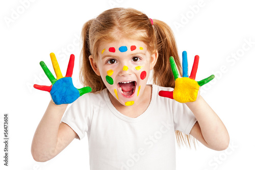 Fototapeta Three Year Old Gilr With Brightly Painted Hands