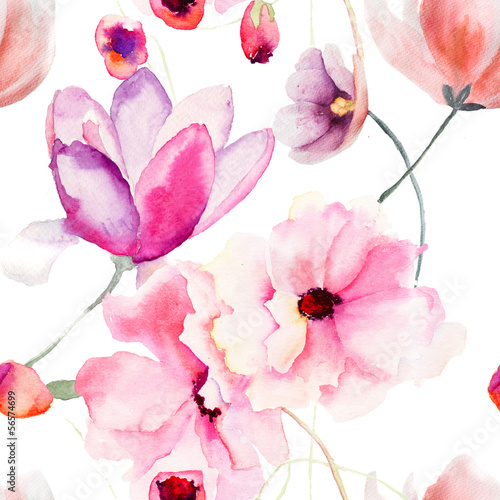  Watercolor seamless pattern with Pink flowers