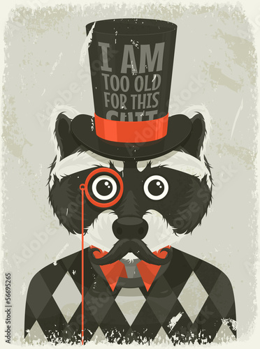 Old photo of hipster raccoon. Vector illustration.