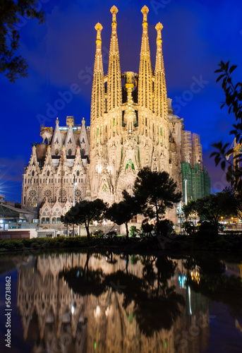  Night view of Sagrada Familia in Barcelona. Spain