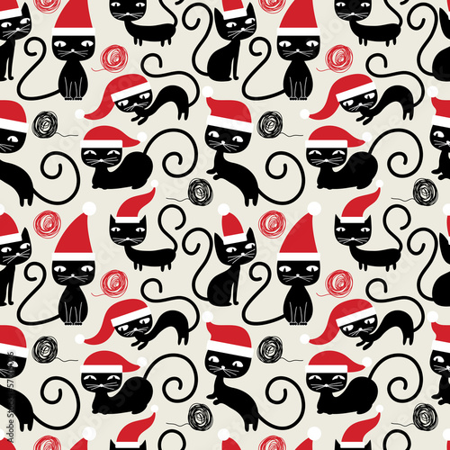  Christmas cats seamless pattern. Cute funny seamless pattern wit