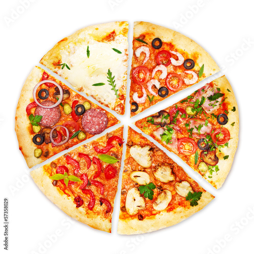  Pizza slice with different toppings isolated on white