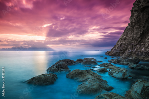 Sunset panorama over sea and rocks