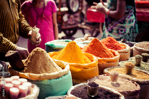 Traditional spices and dry fruits in local bazaar in India. Poster