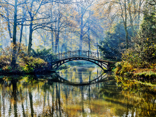 Fototapeta Autumn - Old bridge in autumn misty park