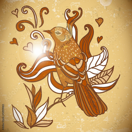  Background with swirls, leaves and bird