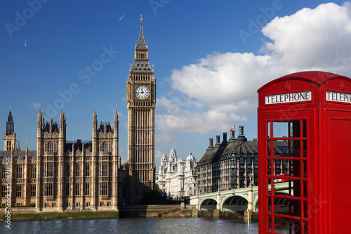 Fototapeta Big Ben with red telephone box in London, England