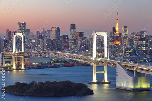 Fototapeta View of Tokyo City at night with Rainbow Bridge and Tokyo Tower