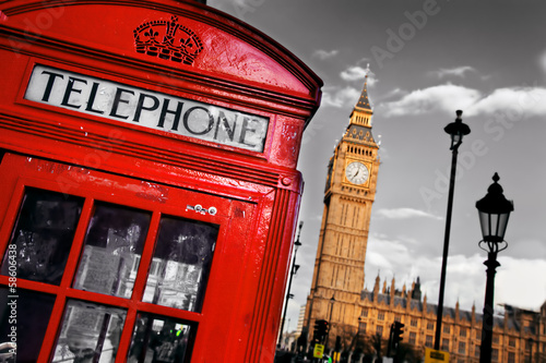 Lacobel Red telephone booth and Big Ben in London, England, the UK