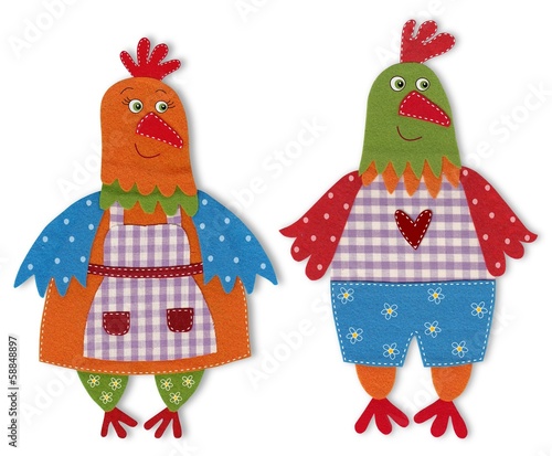 Fototapeta rooster and hen cut out of felt and wool