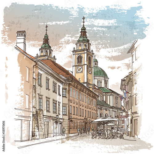 Fototapeta Vector drawing of central street of old european town