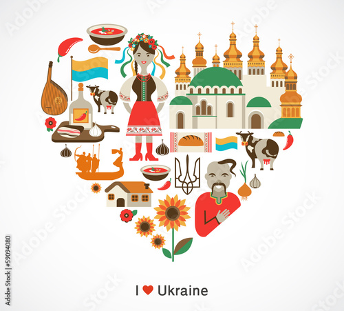 Fototapeta Ukraine love - heart with icons and elements