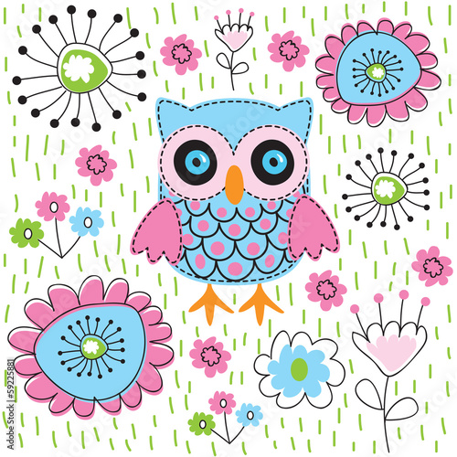 Cute owl floral garden vector illustration