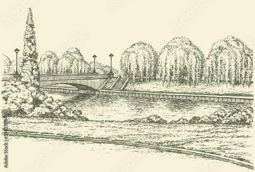  Vector landscape. Park trees at the river bridge and lanterns