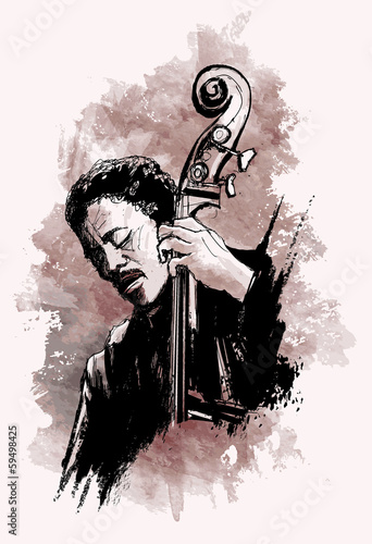 double-bass player over grunge background