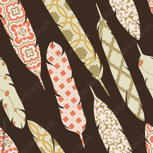 Fototapeta Vector seamless pattern with patch ornate colorful feathers