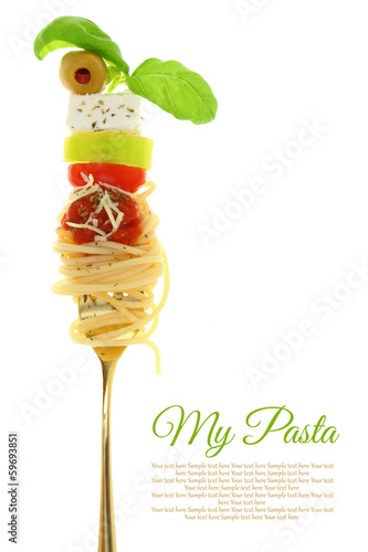  Mediterranean pasta on fork isolated on white
