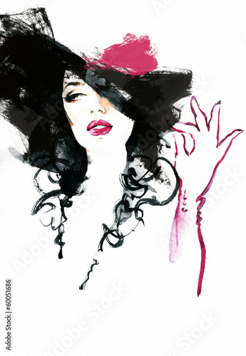  Beautiful woman in hat . watercolor illustration