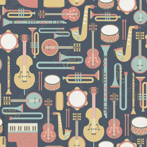 Lacobel seamless pattern with music instruments. on dark background