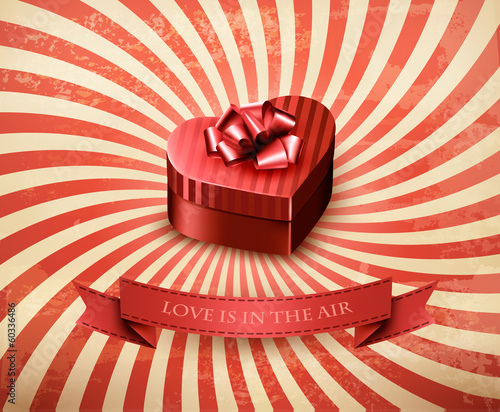  Heart-shaped gift box on retro background. Vector.