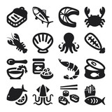 Seafood flat icons. Black