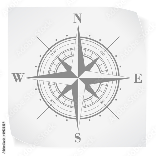  Compass rose over white paper sticker isolated on white