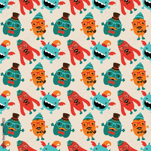  Vector Cute Retro Hipster Monsters Seamless Pattern, Background