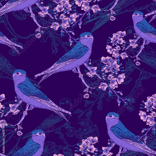  Seamless spring cherry pattern with birds