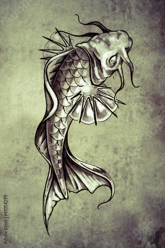 Fototapeta Sketch of tattoo art, japanese goldfish