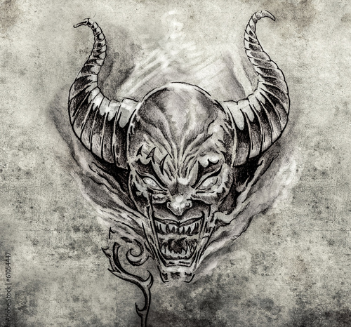 Lacobel Tattoo art, sketch of a devil with big horns