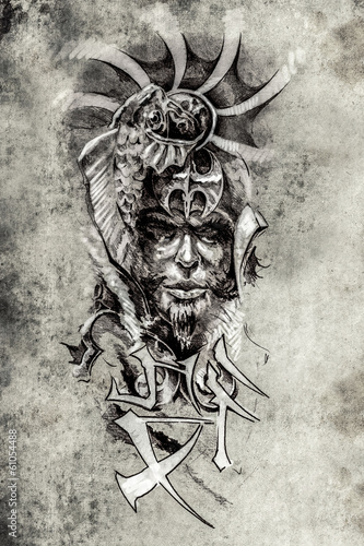  Tattoo art, sketch of a japanese warrior in vintage style