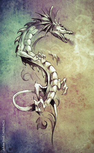  Sketch of tattoo art, big medieval dragon, fantasy concept over