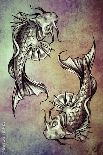 Fototapeta Sketch of tattoo art, japanese goldfish over colorful paper