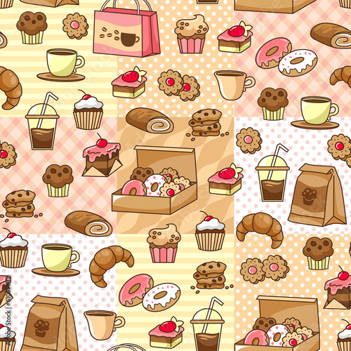 Fototapeta coffee and cakes pattern