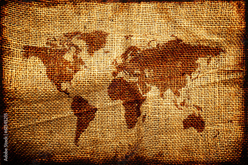 Fototapeta Old world map on hesian sack texture