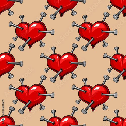  Seamless pattern of hearts studded with nails