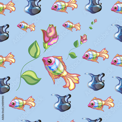 Fototapeta seamless texture , fish, flowers, black ewers