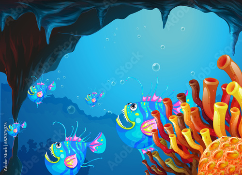 A cave under the sea with a school of fish