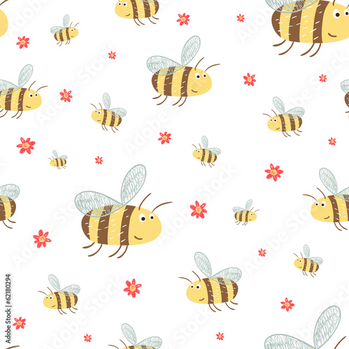  Cute pattern with funny bees and flowers.