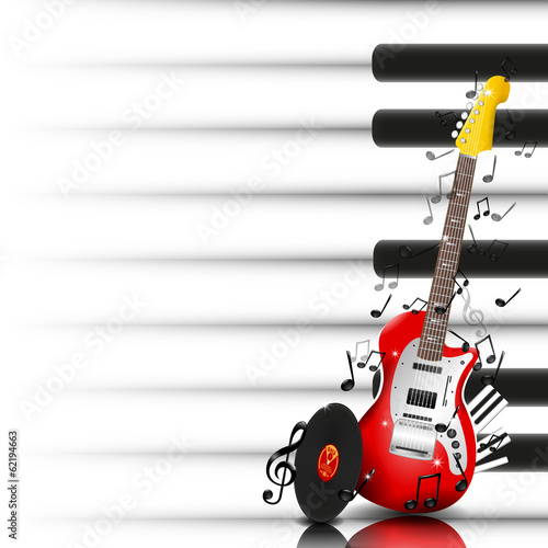  Music Vector Background with Electric Guitar, Vinyl and Piano