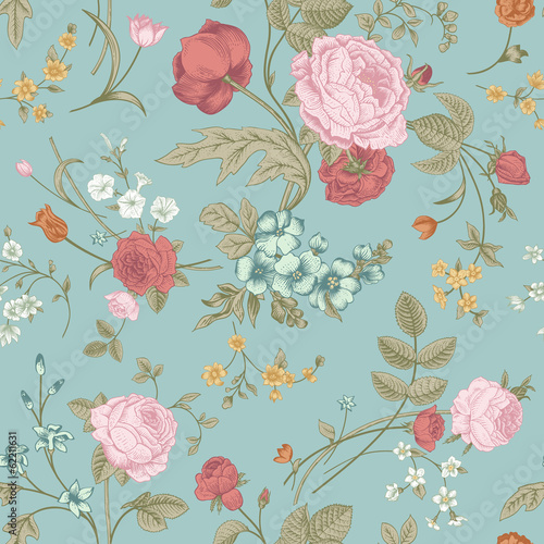 Fototapeta Seamless vector classic pattern with Victorian bouquet