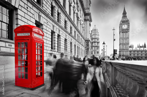 Lacobel Red telephone booth and Big Ben in London, England, the UK.