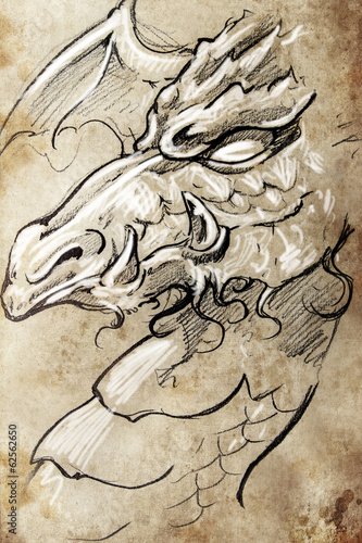  Dragon, Tattoo sketch, handmade design over vintage paper