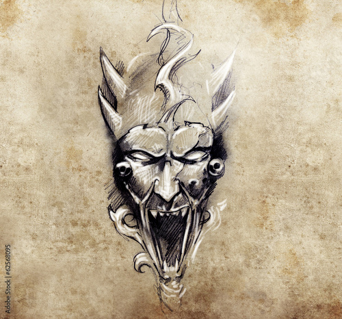 Fototapeta Tattoo art, sketch of a devil with big horns