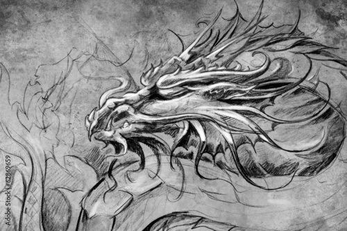 Fototapeta Medieval dragon head. Tattoo design over grey background. textur