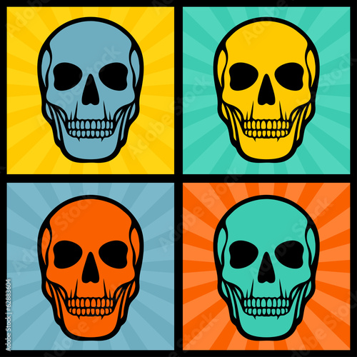  Four illustrations with skulls on pop art background.